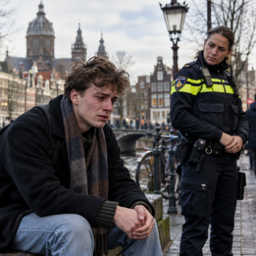 Verdrietige jongeman met politieagent in Amsterdam na discriminatie-incident