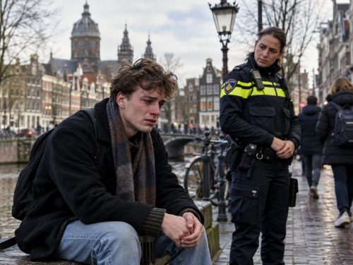 Verdrietige jongeman met politieagent in Amsterdam na discriminatie-incident