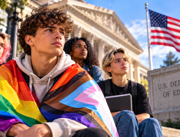 AI-illustratie van LGBTQ+ studenten bij het Amerikaanse ministerie van Onderwijs na wijziging van de Title IX-regels
