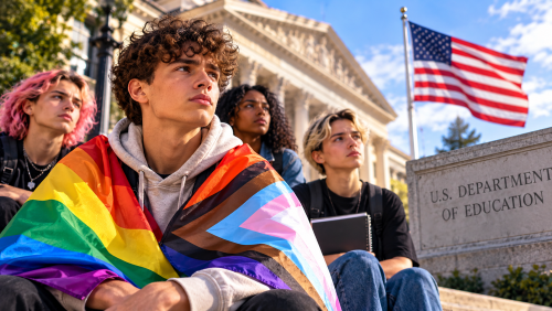 AI-illustratie van LGBTQ+ studenten bij het Amerikaanse ministerie van Onderwijs na wijziging van de Title IX-regels
