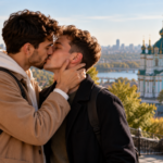 Twee mannen zoenen elkaar in Kyiv, Oekraïne, met een historische kerk op de achtergrond.