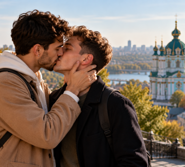 Twee mannen zoenen elkaar in Kyiv, Oekraïne, met een historische kerk op de achtergrond.