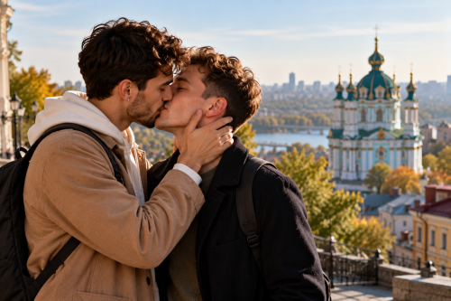 Twee mannen zoenen elkaar in Kyiv, Oekraïne, met een historische kerk op de achtergrond.