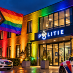 Verlichte Politiepost met Progress Pride-vlag