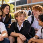 Vrienden op de schooltrap